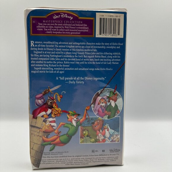 Walt Disney Masterpiece Collection Robin Hood VHS 1994 Animated Classic - Picture 2 of 3